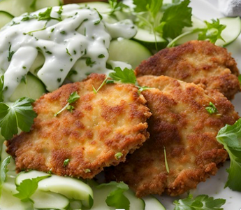 Knusprige Kohlrabischnitzel mit warmem Gurkensalat