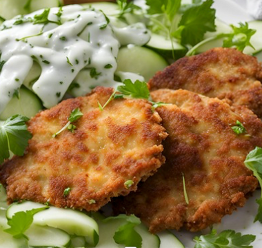 Knusprige Kohlrabischnitzel mit warmem Gurkensalat