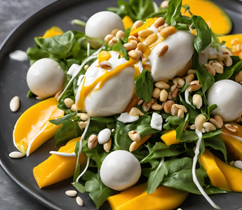 Erfrischender Mango-Avocado-Rucola-Salat mit Pinienkernen und Büffelmozzarella