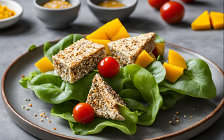 Knuspriger Sesam-Feta auf frischem Feldsalat mit Mango