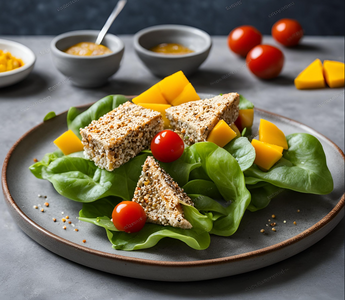 Knuspriger Sesam-Feta auf frischem Feldsalat mit Mango