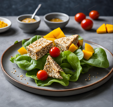 Knuspriger Sesam-Feta auf frischem Feldsalat mit Mango