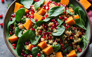 Süßkartoffelsalat mit Spinat, Quinoa und Granatapfel: Ein farbenfroher Genuss