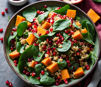 Süßkartoffelsalat mit Spinat, Quinoa und Granatapfel: Ein farbenfroher Genuss